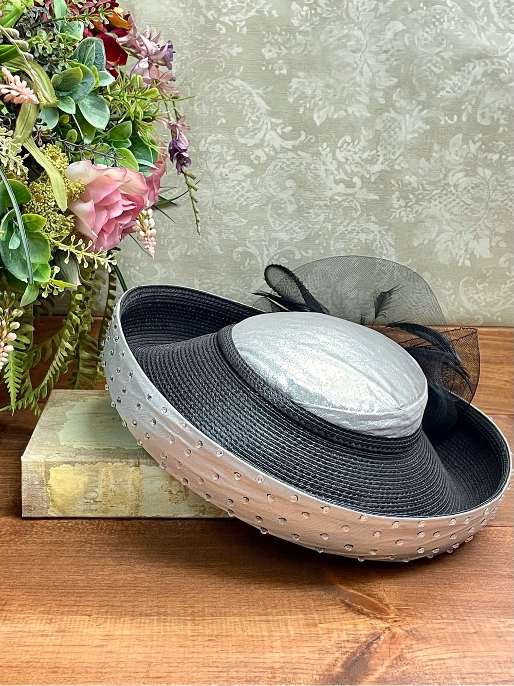 Vintage 80s Deborah New York Black Silver Rhinestone Wide Brim Statement Hat